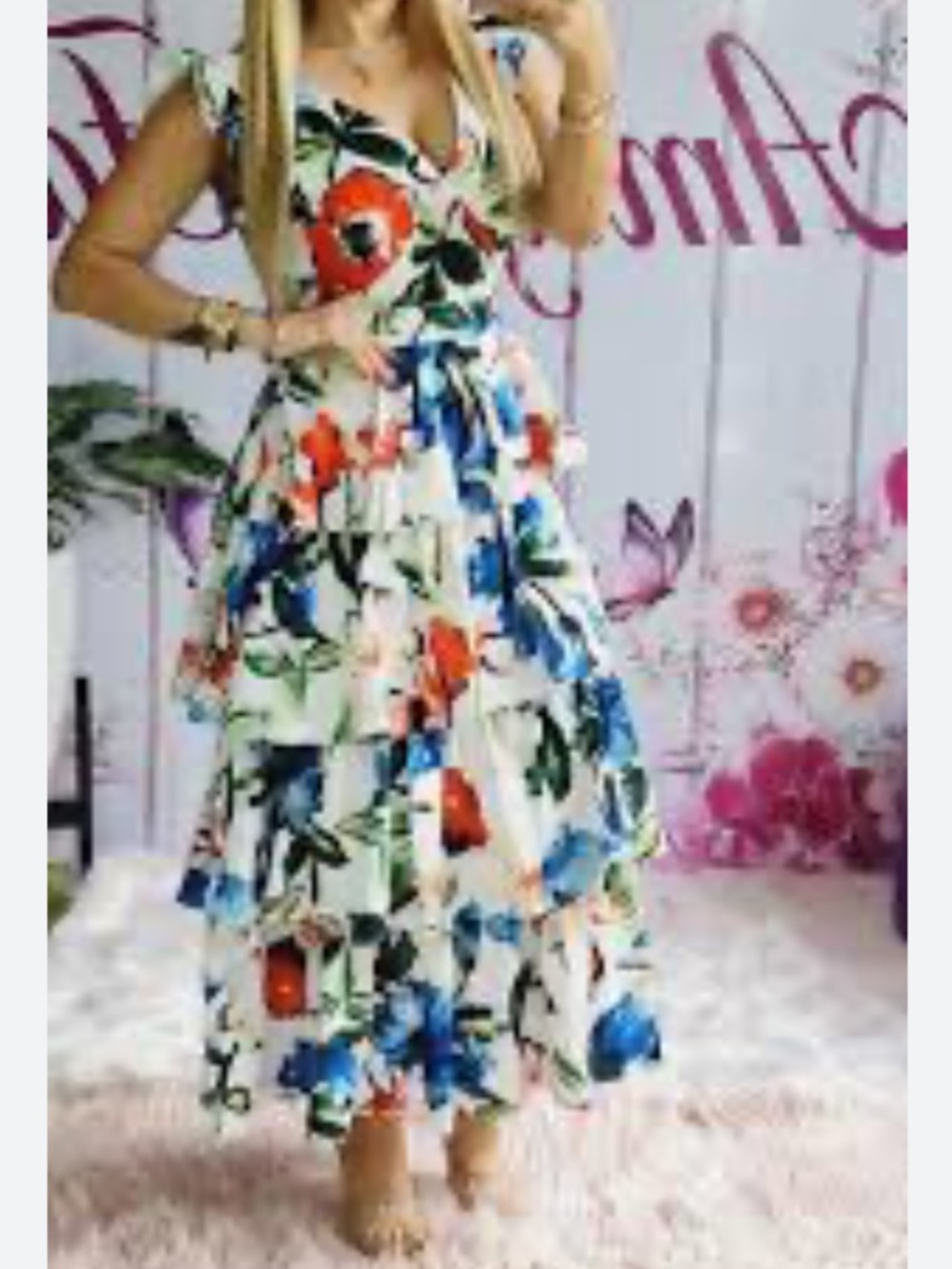 Tea n Cup White Floral Maxi Dress with Blue & Red Blooms